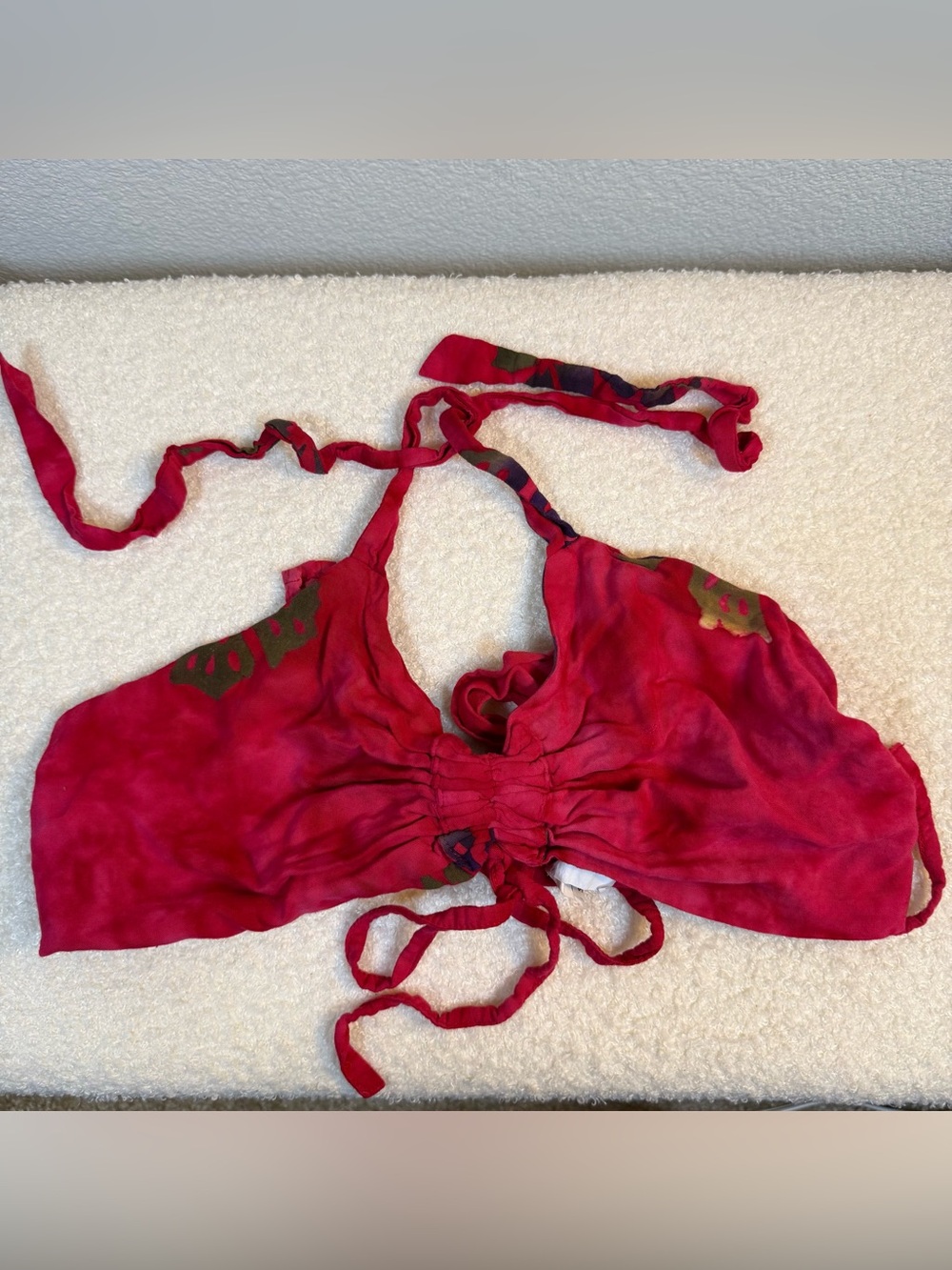 Vintage Y2K Rayon Tie Dye Halter Crop Top Pink Floral Handmade Bali One Size